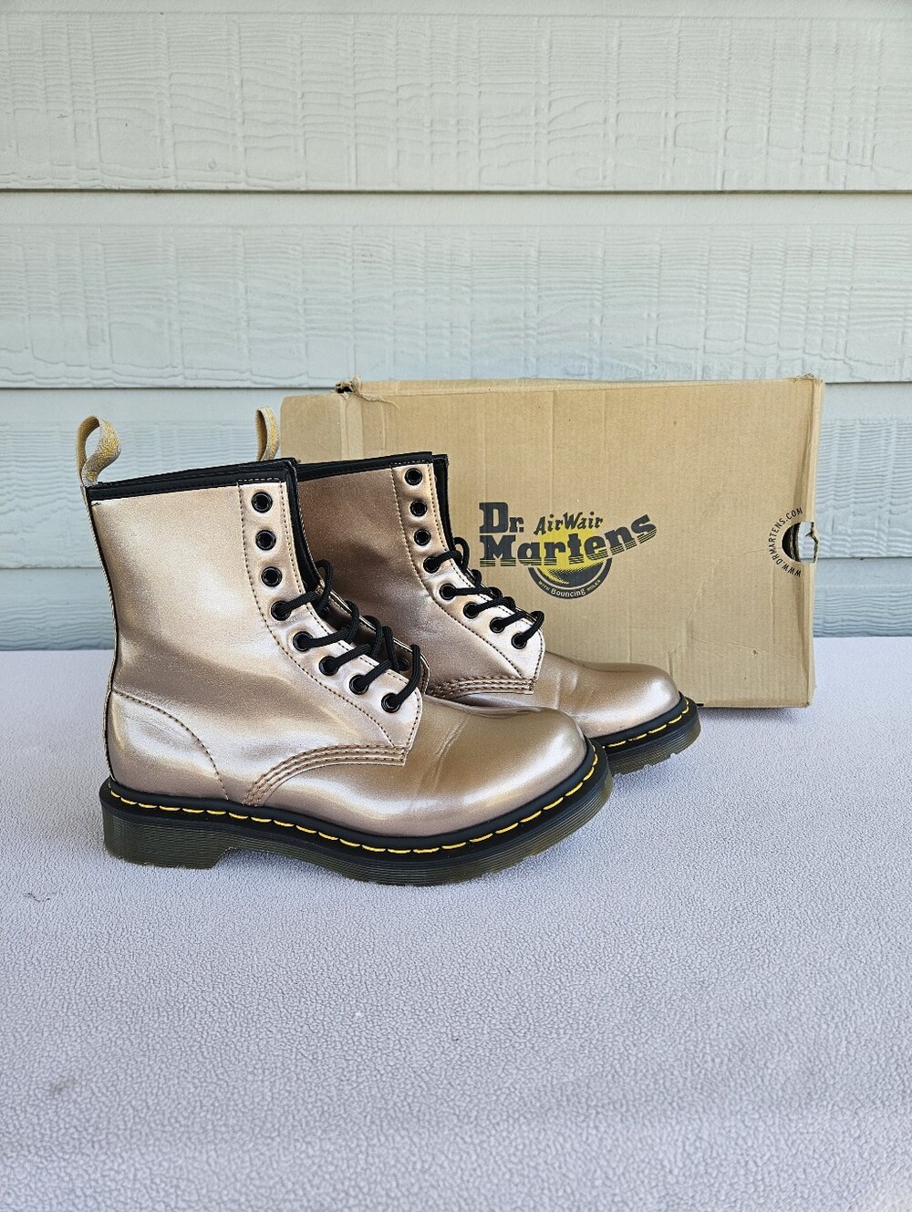 Dr. Martens 1460 Vegan Combat Boots Women SZ 8 Chrome Paint Metallic Rose Gold